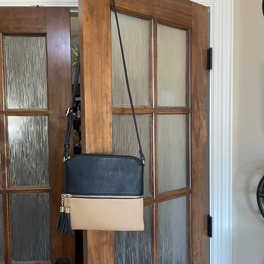 Two-Tone Black and Tan Crossbody Bag